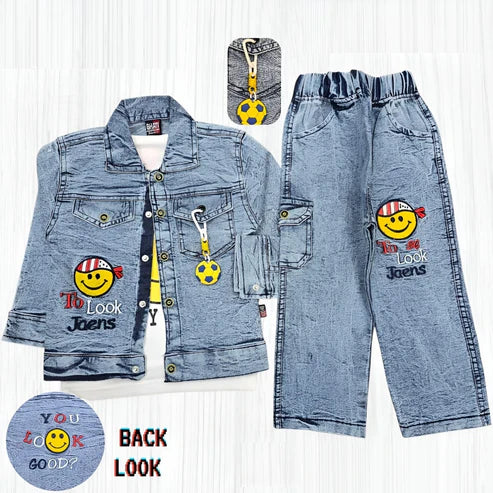 Kids Cartoon Patch Denim Jacket & Pant Set