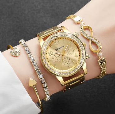 4-Piece Rhinestone Watch & Bracelet Set