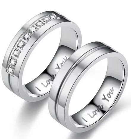 Steel Couple Engagement Rings For Women Men Crystal I LOVE YOU Ring
