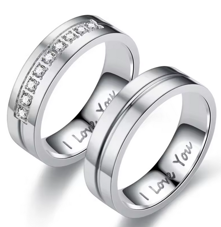 Steel Couple Engagement Rings For Women Men Crystal I LOVE YOU Ring