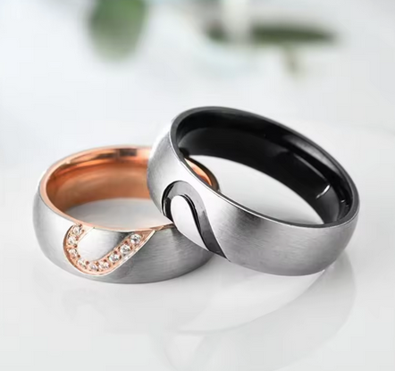 Steel Heart Lovers Couple Rings Rose
