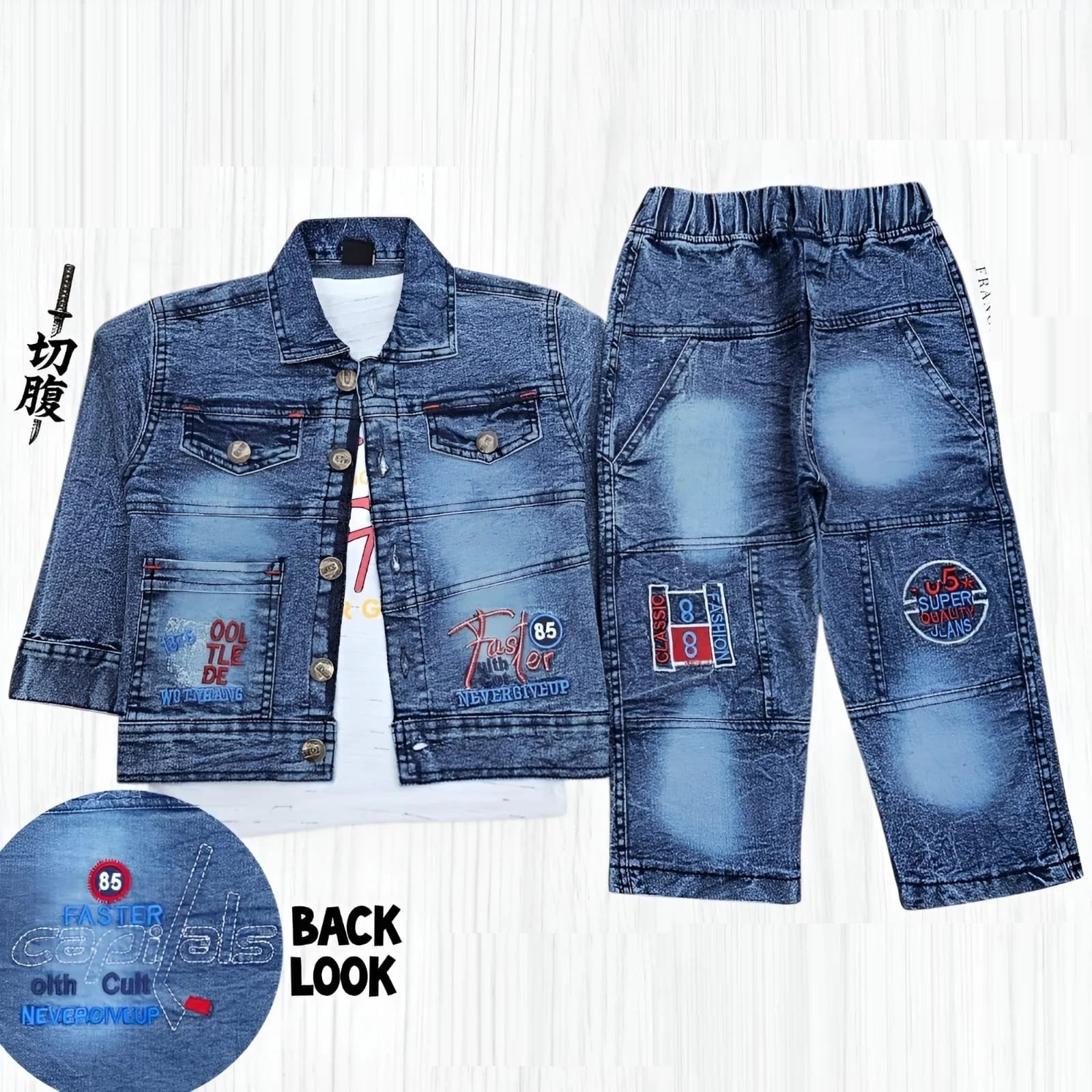 Kids Cartoon Patch Denim Jacket & Pant Set