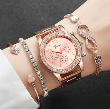 4-Piece Rhinestone Watch & Bracelet Set