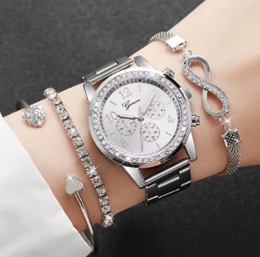4-Piece Rhinestone Watch & Bracelet Set