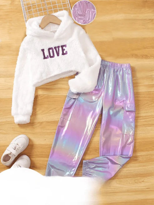 Kids Furry Love Hoodie & Holographic Pants Set