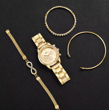 4-Piece Rhinestone Watch & Bracelet Set