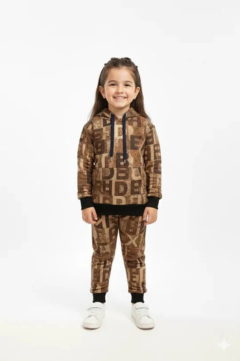 Abstract Brown Patchwork Kids Winter Tracksuit