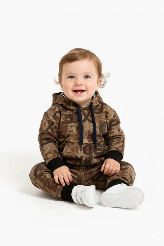 Abstract Brown Patchwork Kids Winter Tracksuit
