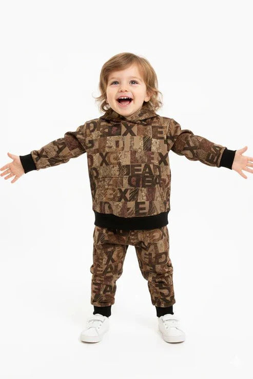 Abstract Brown Patchwork Kids Winter Tracksuit