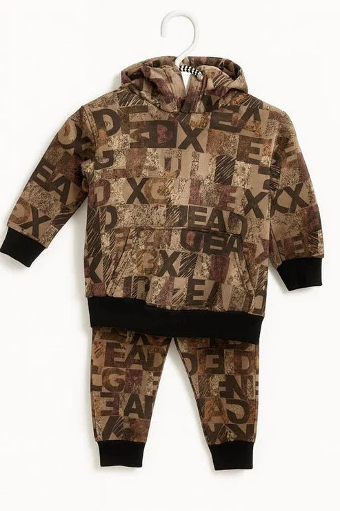 Abstract Brown Patchwork Kids Winter Tracksuit