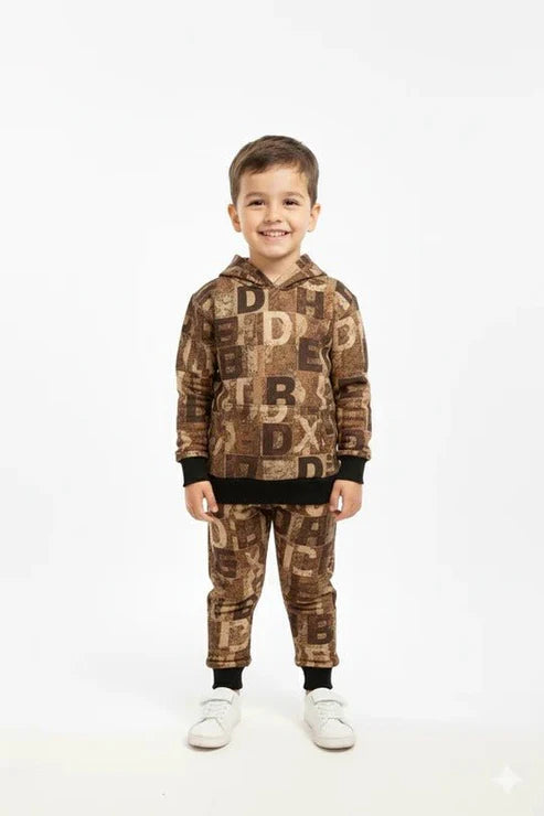 Abstract Brown Patchwork Kids Winter Tracksuit