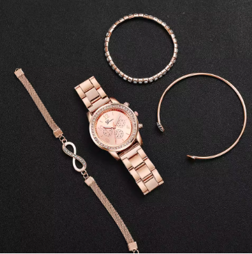 4-Piece Rhinestone Watch & Bracelet Set