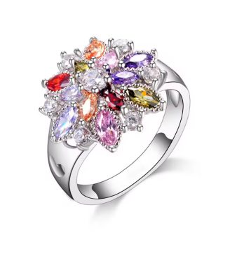 925 Sterling Silver Colorful CZ Flower Ring