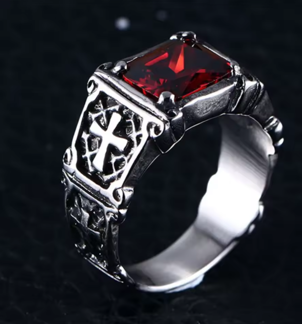 Red Gemstone Cross Pattern Ring