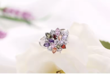 925 Sterling Silver Colorful CZ Flower Ring